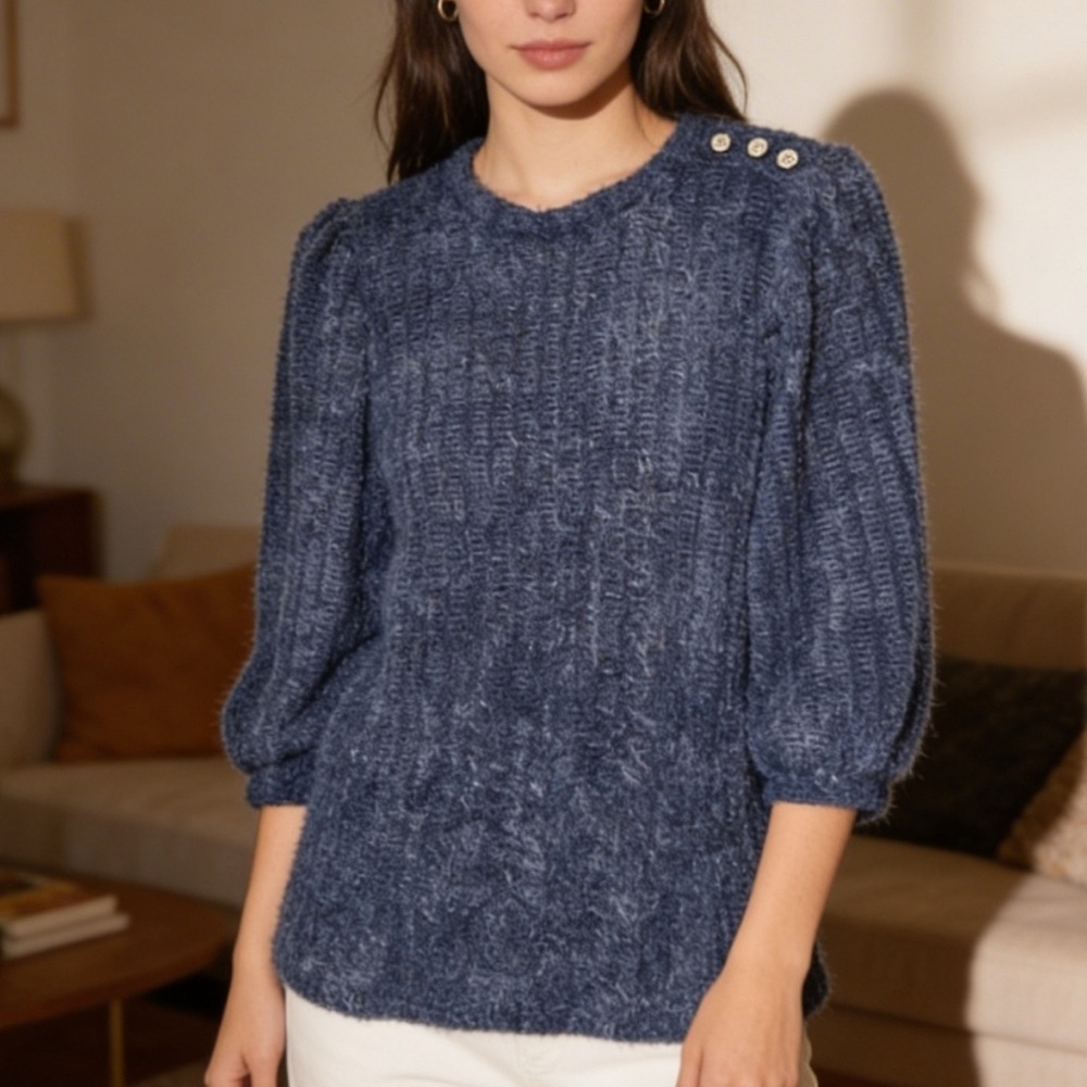 Como Blu Navy Blue Button-Shoulder Pullover Sweater